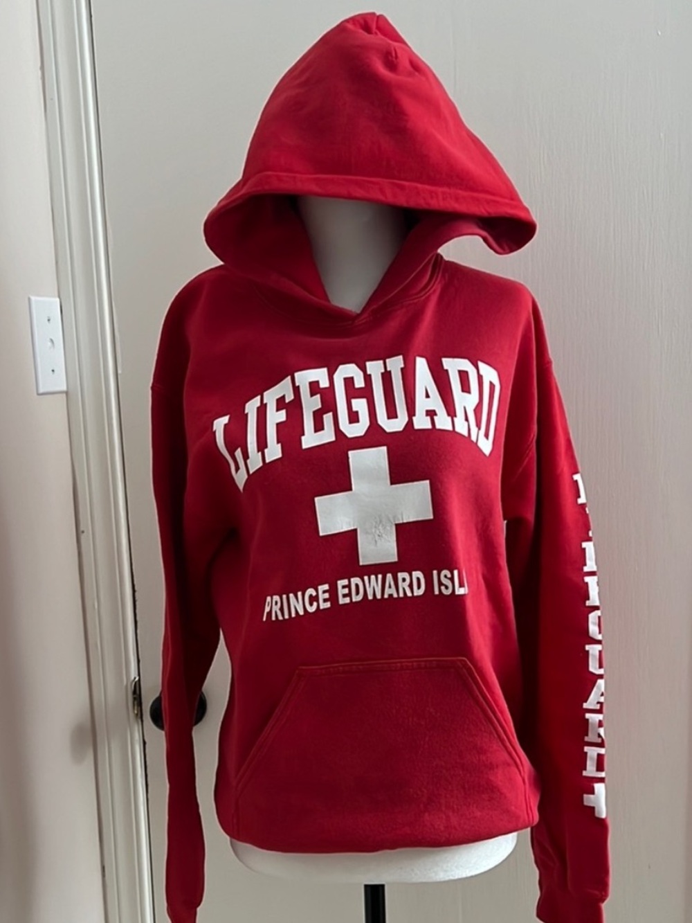 Gildan • Women’s Small • Prince Edward Island Lifeguard Hoodie • Red • WhiteText